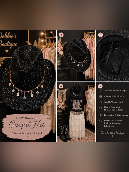 NEW Black Sparkle Cowgirl Hat Adjustable Charm Band Western Boutique main image 5